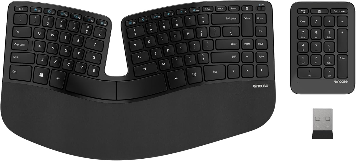 Incase Sculpt Ergonomic Keyboard – Designed by Microsoft – Split Keyset Design, Palm Rest, Contoured Layout, One-Touch Windows Button, AES 128-Bit Encryption, Includes Separate Number Pad – Black