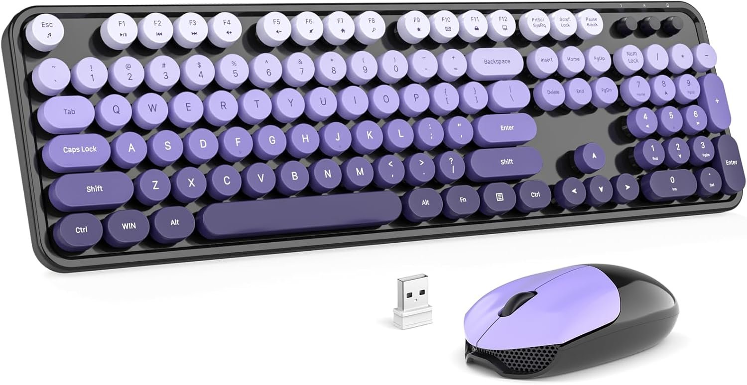 MOFII Wireless Keyboard and Mouse Combo, 2.4GHz Retro Typewriter Keyboard Full Size, Cute Wireless Mice, USB Dongle Plug and Play, for Laptop, PC, Desktop, Windows (Black Purple Gradient Color)