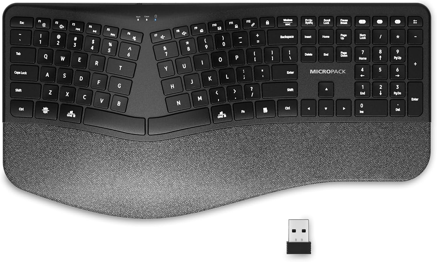 Micropack Ergonomic Wireless Keyboard with Wrist Rest, Bluetooth & 2.4G Multi-Device Keyboard, USB-C Rechargeable, Quiet Scissor Switch for Mac, Windows & Office