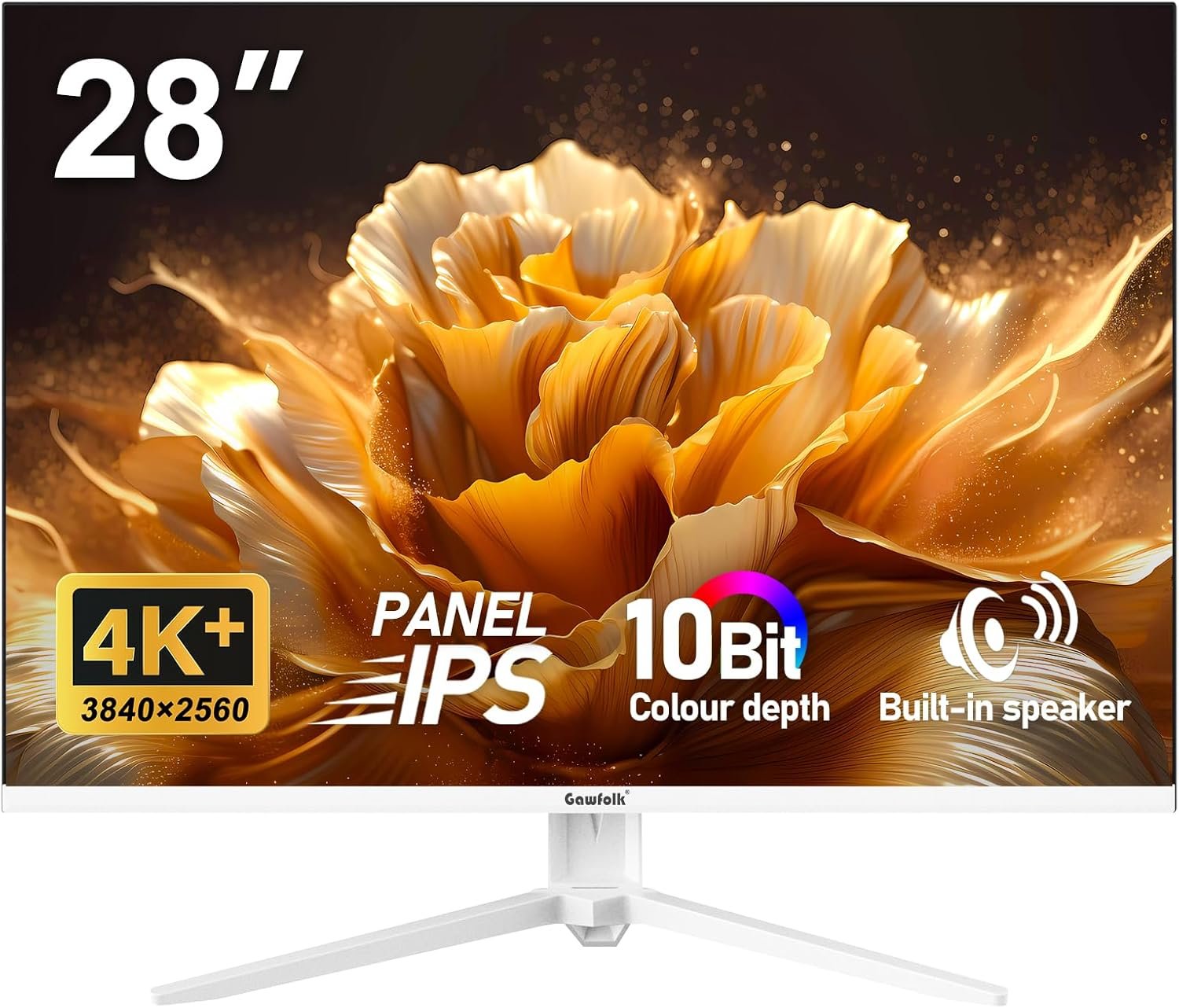 Gawfolk 28 inch UHD 4K Computer Monitor, IPS Ultra HD (3840×2560p) Screen, 3:2, 10Bit, 1.07 Billion Colours, 128% sRGB, Built-in Speakers, 178° Wide Viewing Angle DisplayPort, HDMI, White