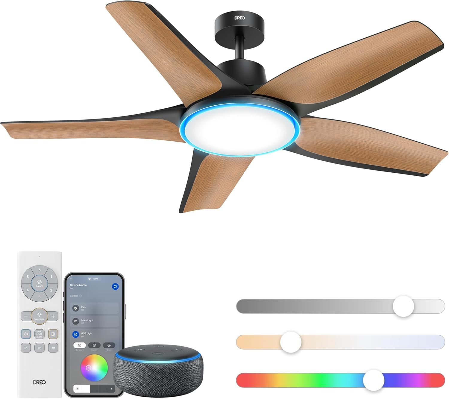 Dreo Smart Ceiling Fans with Lights, Low Profile Ceiling Fan with Alexa/App, 52” Dimmable Lighting & Color Tuning, RGB Ambient Light for Living Room, Game Room, Easy Installation, Quiet, Black