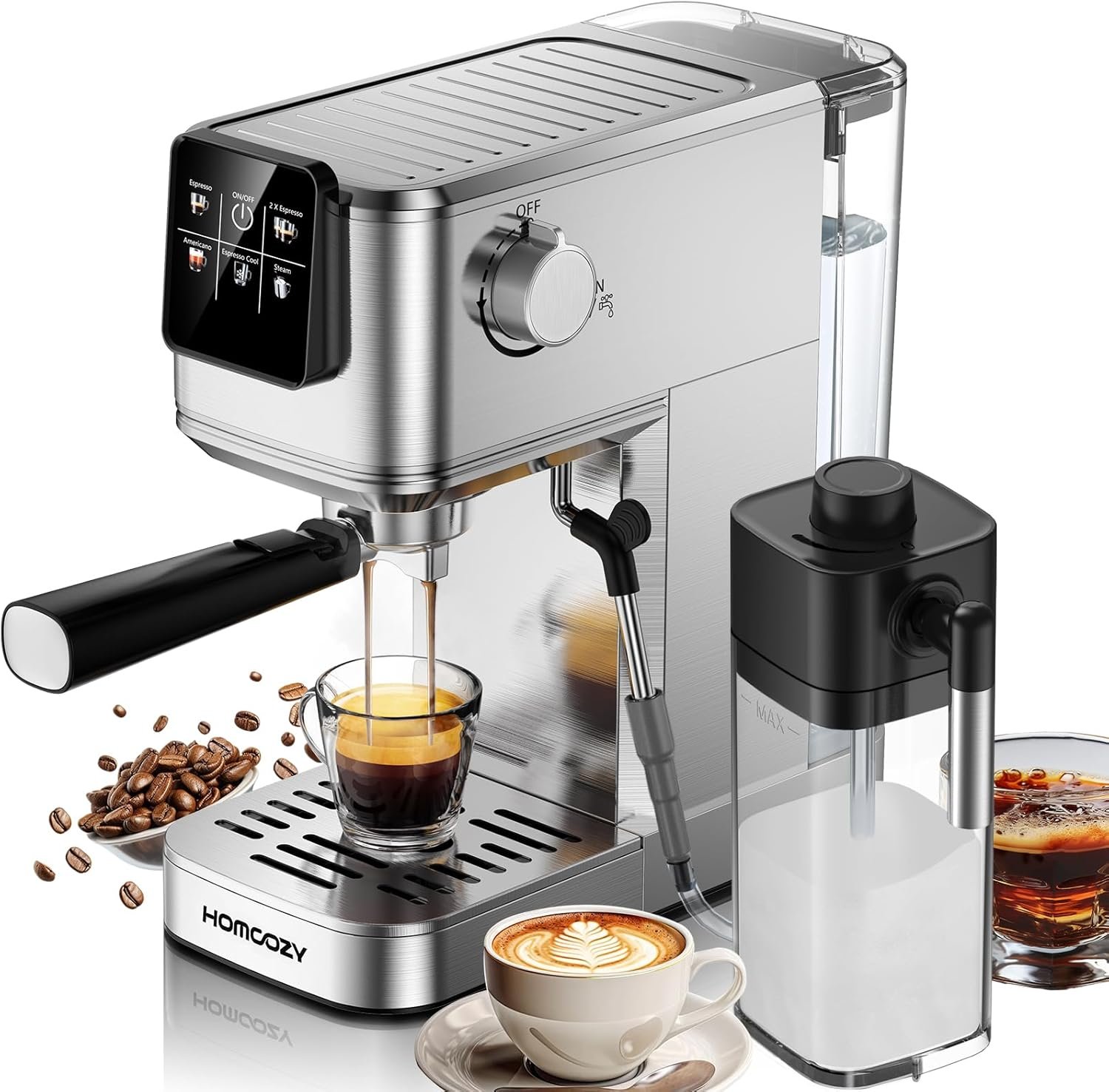 20 Bar Espresso Machine, Hot & Cold Brew Coffee Maker with Milk Frother, Touch Screen, Compact Water Tank, Expresso Coffee Machines for Lattes, Cappuccinos, Americano, Home & Office, Stainless Steel