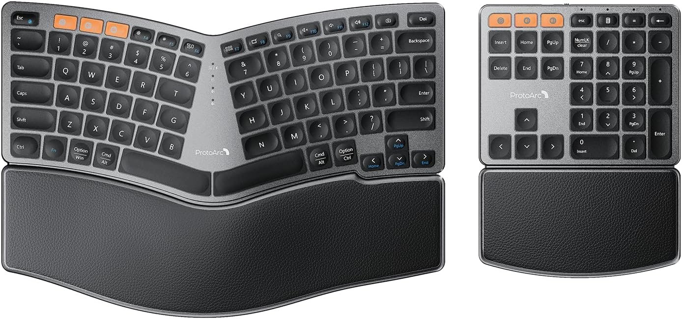 ProtoArc Bluetooth Ergonomic Keyboard, Wireless Split Keyboard with Separate Number Pad, Dual Bluetooth and USB, Hard Wrist Rest, Rechargeable for Windows/Mac/Android