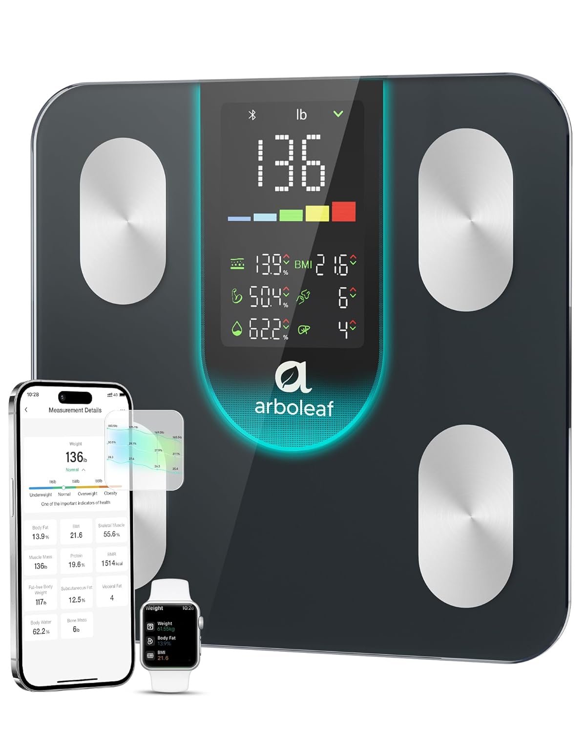 arboleaf Smart Scale for Body Weight and Fat, High-Precision Digital Bathroom Scale with 4-Electrode BIA, 7-in-1 Display for BMI Body Fat Muscle Mass, 14 Metrics in App, Trend Tracking, Max 400lb