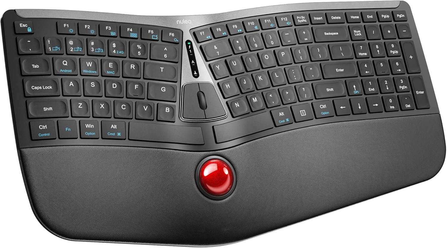 Nulea RT07 Wireless Ergonomic Trackball Keyboard – Bluetooth and 2.4G USB Connectivity, Natural Typing, Wrist Rest,Split Keyboard, USB-C Rechargeable,Compatible with Mac/Windows