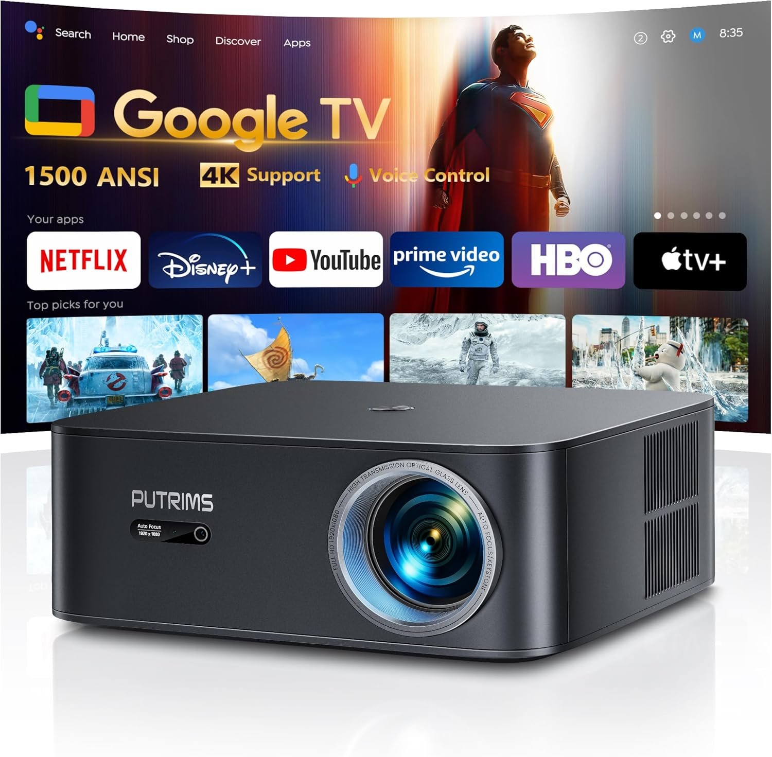 [1500 ANSI/Google TV/Voice Control]Smart Projector with WiFi 6 and Bluetooth, 4K Support, Outdoor Movie Proyector, 1080P Home Ceiling Auto Focus Projector, PUTRIMS K12 Gray
