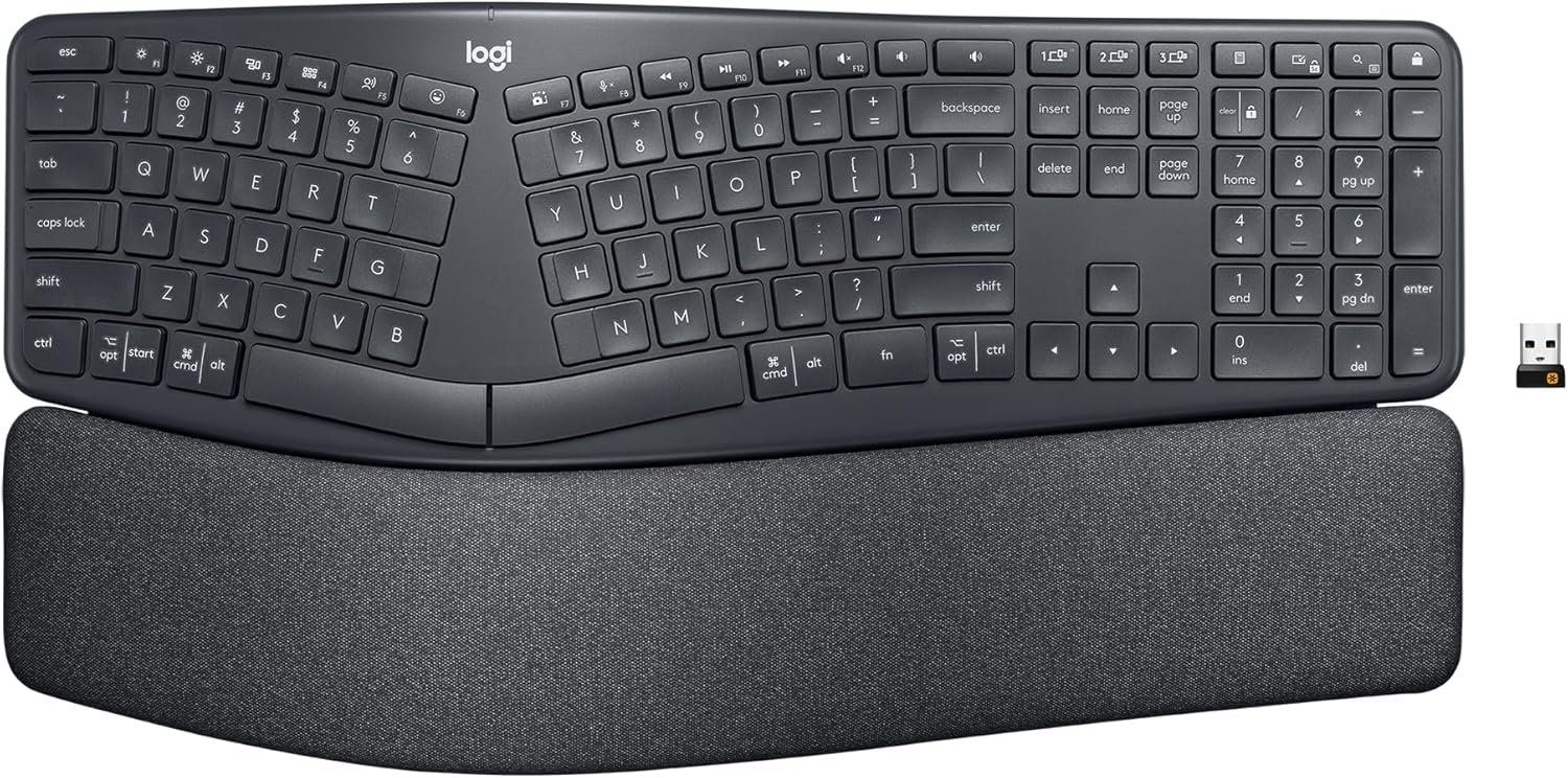 Logitech Ergo K860 Wireless Ergonomic Keyboard – Split Keyboard, Wrist Rest, Natural Typing, Stain-Resistant Fabric, Bluetooth and USB Connectivity, Compatible with Windows/Mac, Black
